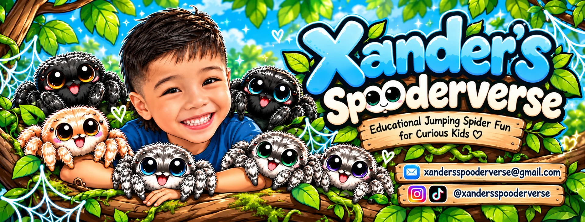Illustrated Xander smiling with his cartoon jumping spider friends on a jungle branch